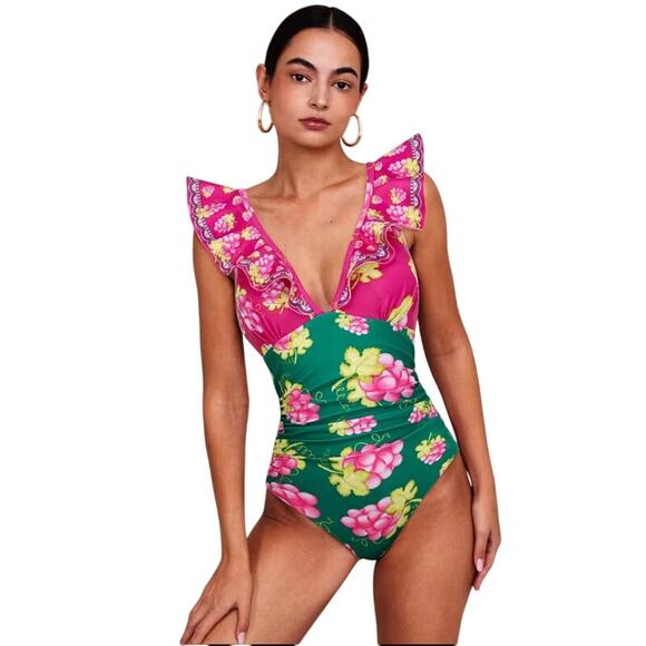 Pink and Green Raspberry Grapes Ruffle One Piece Swimsuit Size Medium - Picture 2 of 9